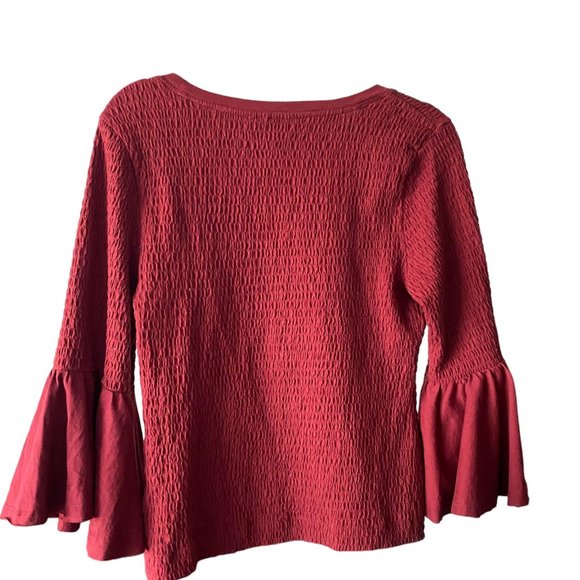 Anthropologie  Dark Red Smocked Bell-Sleeve Top Size M - Picture 4 of 9